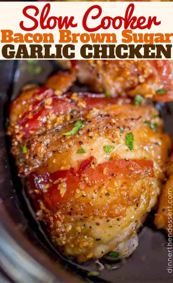 6 ingredients in this Slow Cooker Bacon Brown Sugar Garlic Chicken. SO EASY TO MAKE!