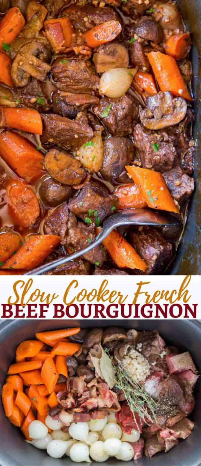 Slow Cooker Beef Bourguignon with all the delicious classic French flavors of beef, red wine, mushrooms and bacon made in your slow cooker.