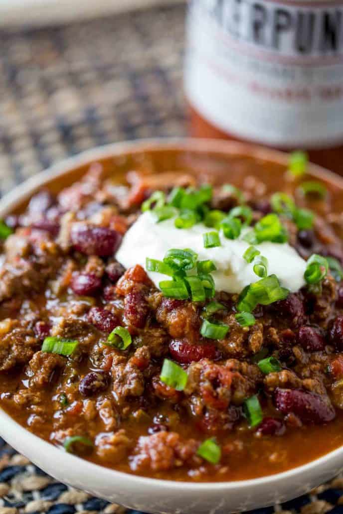 Bowl of Slow Cooker Chili with beef and kidney beans