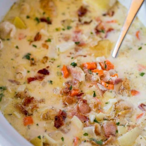 Slow Cooker Bacon Chicken Chowder cooks low and slow all day long for a hearty, easy rich chowder with buttery potatoes and lots of bacon.