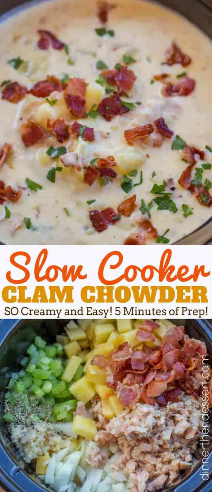 Slow Cooker Clam Chowder is so easy to make with a deliciously creamy, briny flavor mixed with smoky crispy bits of bacon and rich buttery yukon potatoes. #clamchowder #slowcooker #crockpot #bacon #clams #chowder