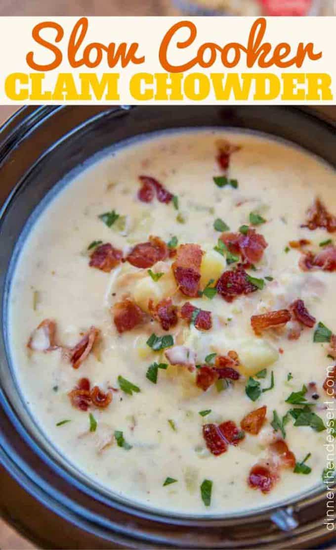 Slow Cooker Clam Chowder with a deliciously creamy, briny flavor mixed with smoky crispy bits of bacon and rich buttery yukon potatoes. #clamchowder #slowcooker #crockpot #bacon #clams #chowder