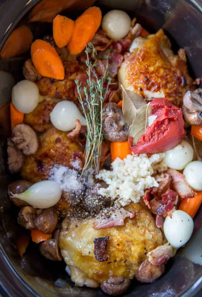 The easiest French Coq Au Vin ever made in your crock pot.