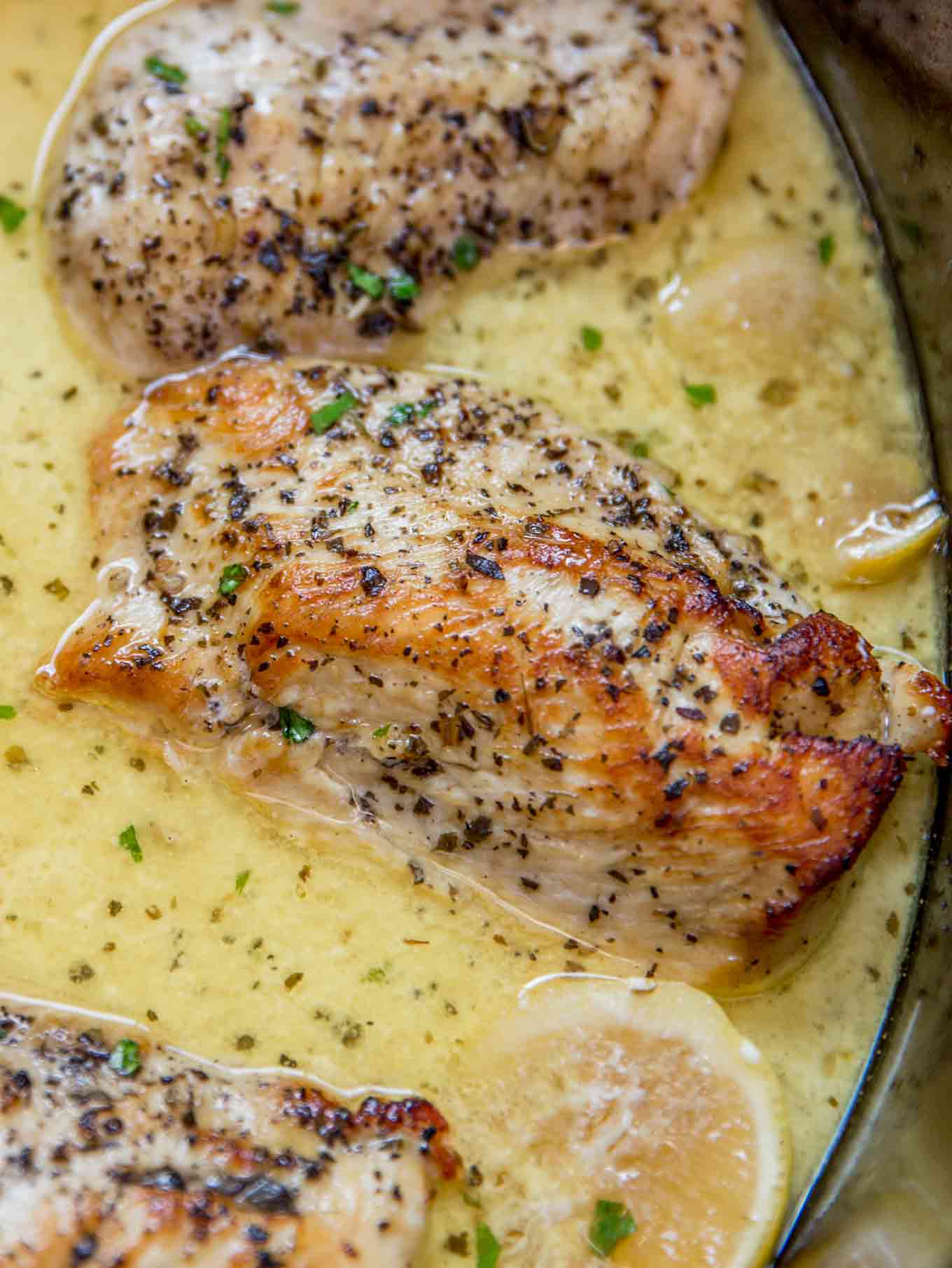 Slow Cooker Creamy Lemon Chicken with butter, garlic and lemon coating tender chicken breasts in a creamy sauce. Even great as a pasta topping!?