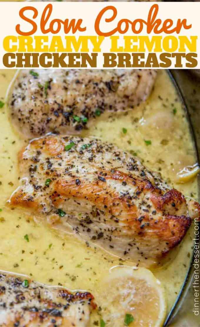 Slow Cooker Creamy Lemon Chicken with butter, garlic and lemon coating tender chicken breasts in a creamy sauce. Even great as a pasta topping!