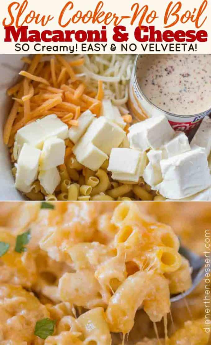 Slow Cooker Mac and Cheese is super creamy and cheesy with no boiling or pre-made noodles and no velveeta or condensed soups! #cheese #macandcheese #slowcooker #recipe