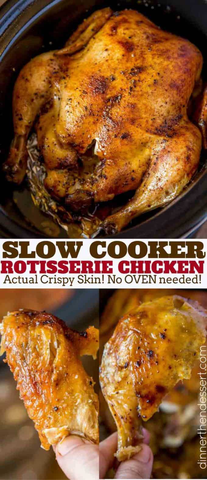 Slow Cooker Rotisserie Chicken made with just a few spices and in the slow cooker with CRISPY skin without a second spent in the oven! #slowcooker #rotisseriechicken #recipe #chicken.