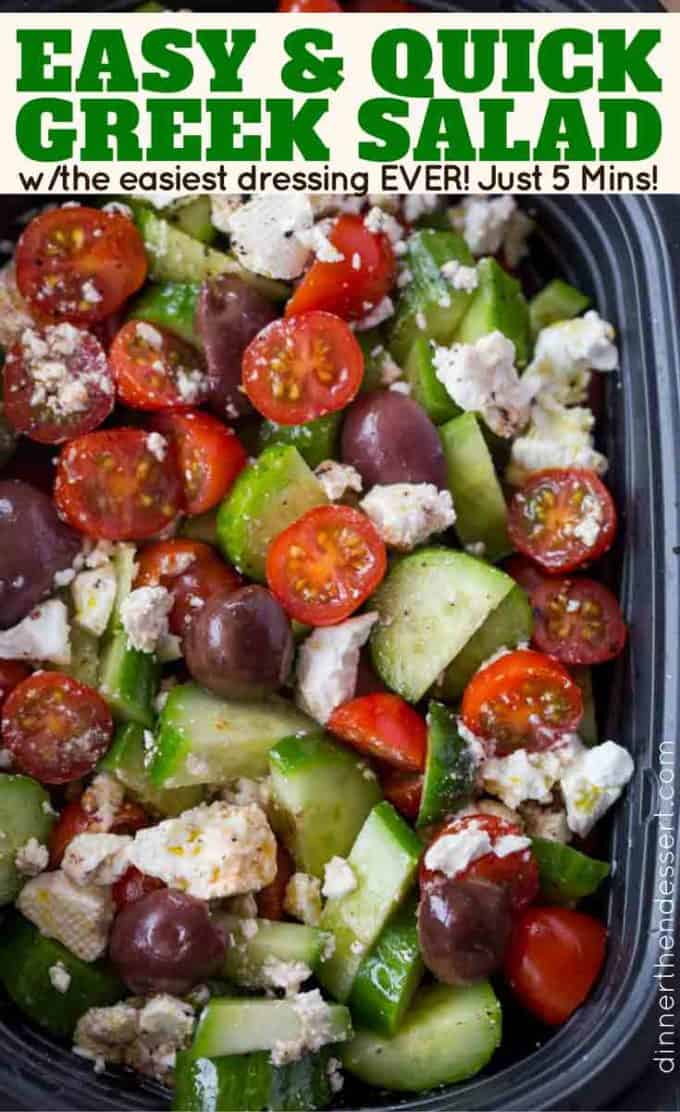 An easy and quick Greek Salad with Persian Cucumbers, grape tomatoes, feta, olives and a homemade Greek Dressing. Whole recipe done in ten minutes!