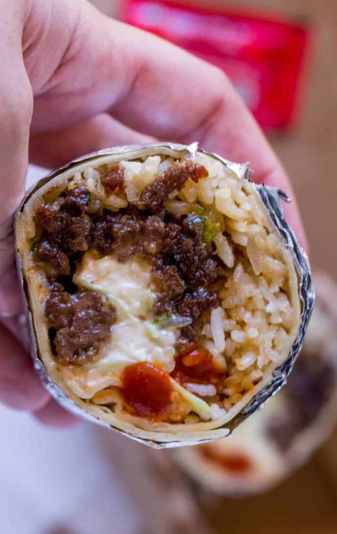 The best burrito ever with Mongolian beef and rice