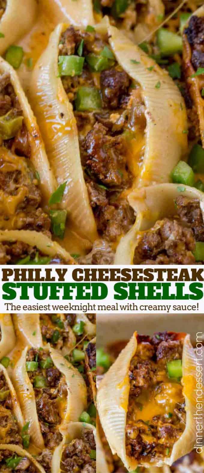 Philly Cheesesteak Stuffed Shells made with ground beef, cheddar, bell peppers and onions with a creamy sauce to drizzle over the shells when they're done.