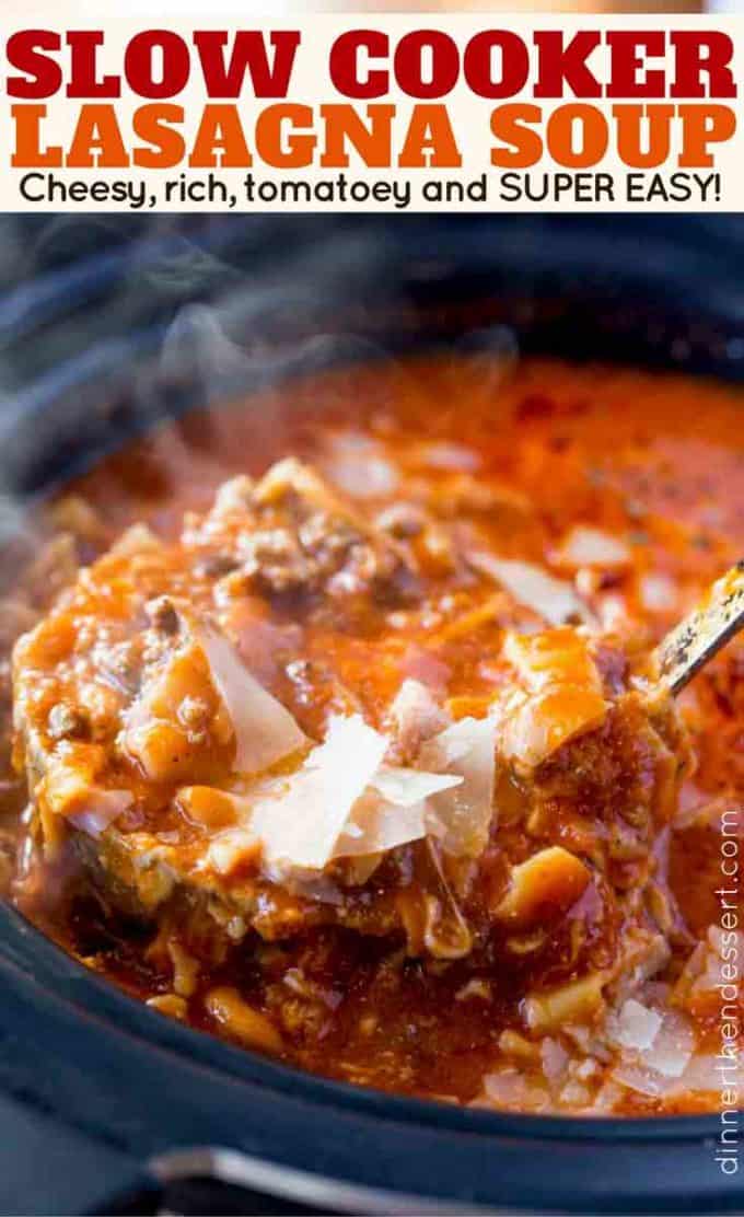 The easiest slow cooker lasagna soup with ground beef, cheese and lasagna noodles