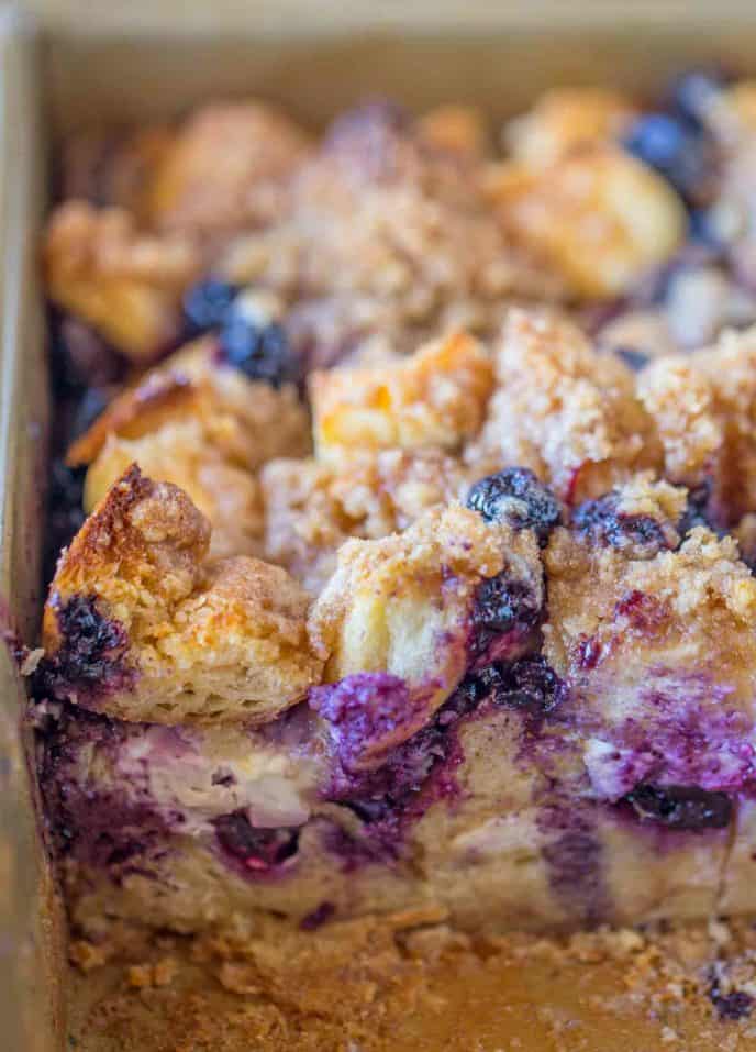 Cross section of blueberry cream cheese french toast casserole