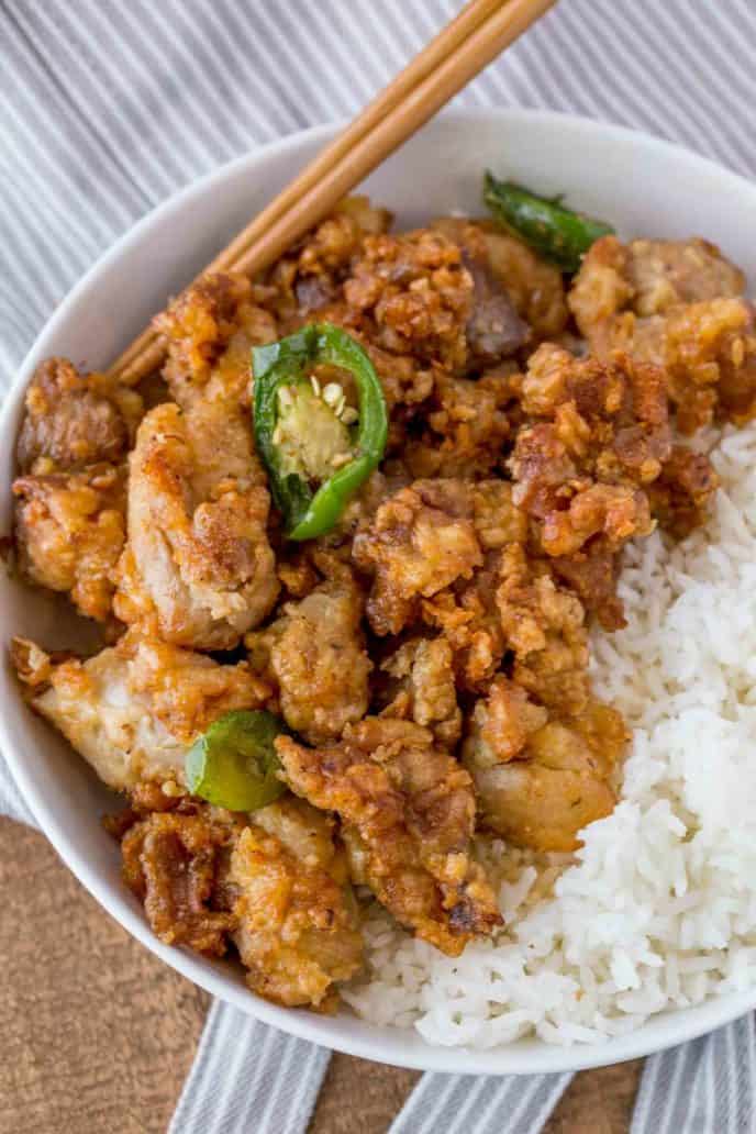 Crispy Hawaiian Garlic Chicken with Rice in bowl