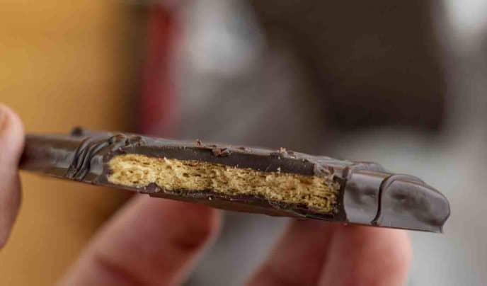 Up Close bite of chocolate dipped graham cracker