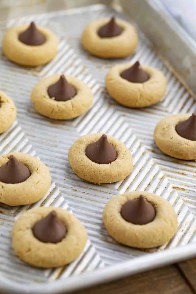 Peanut Butter Blossom Cookies on cookie sheet