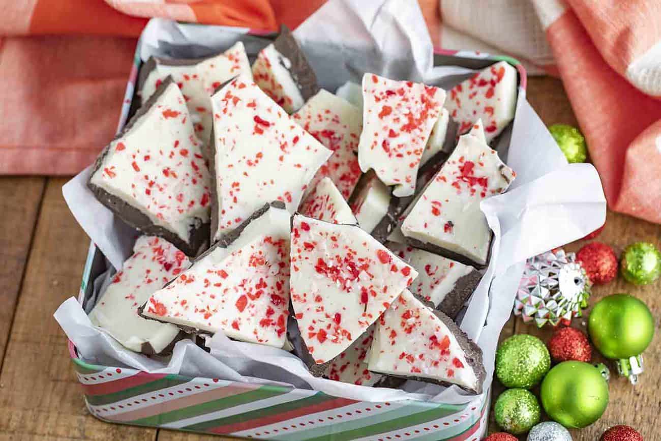 Peppermint Bark Candy in holiday tin