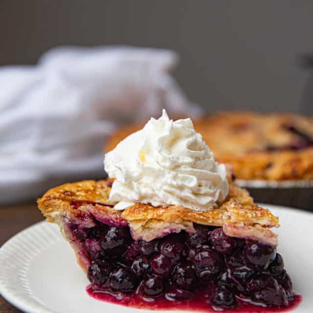 Blueberry Pie with Whipped Cream on White Plate