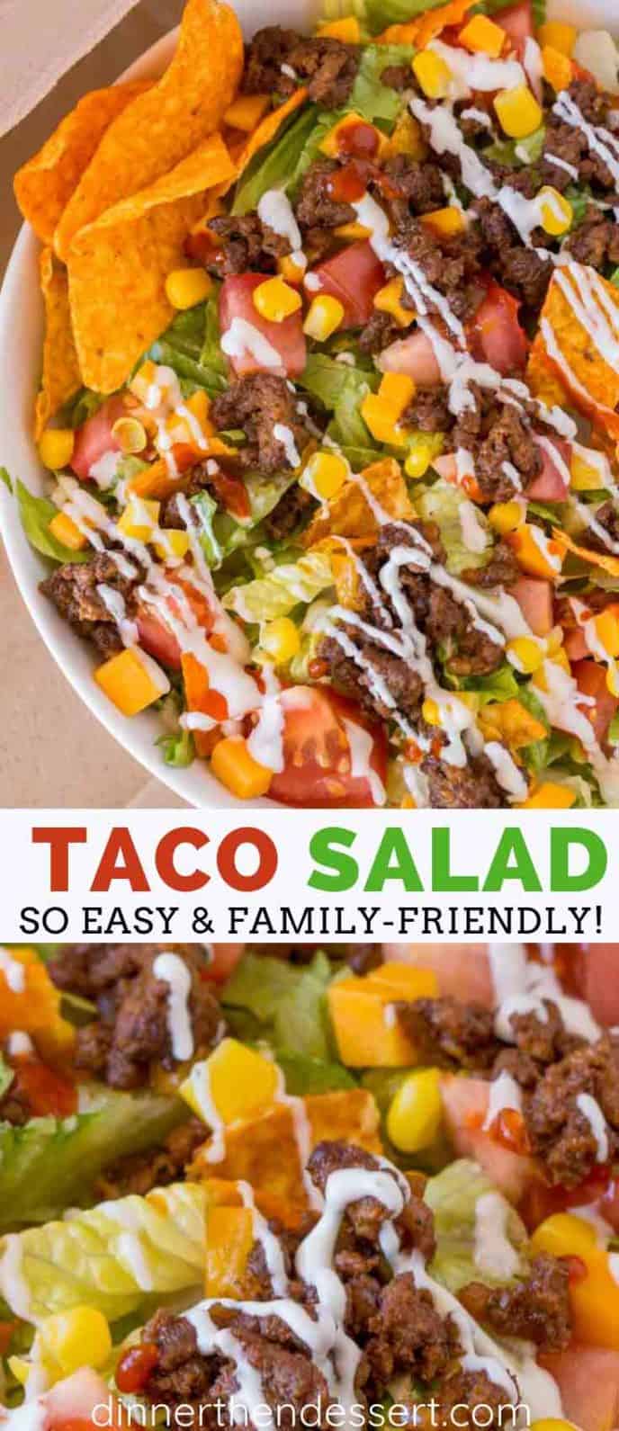 Taco Salad with ground beef, corn, tomatoes, and salsa