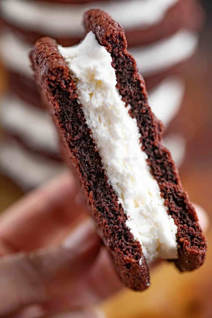 Cross section of chocolate sandwich cookie