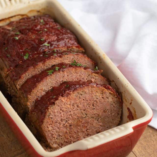 Meatloaf Recipe sliced in red loaf pan