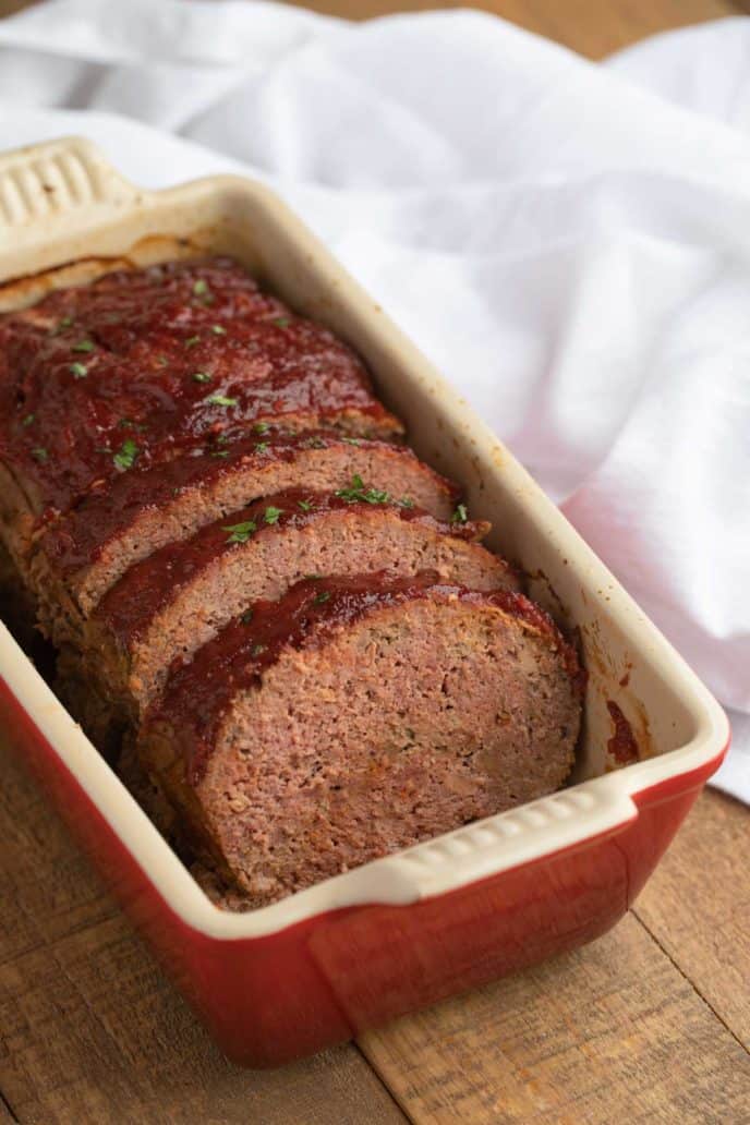 Meatloaf Recipe sliced in red loaf pan