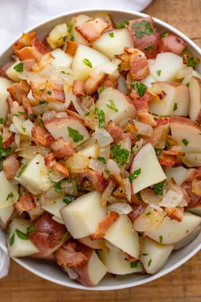 German Potato Salad with Bacon and Onions in a bowl