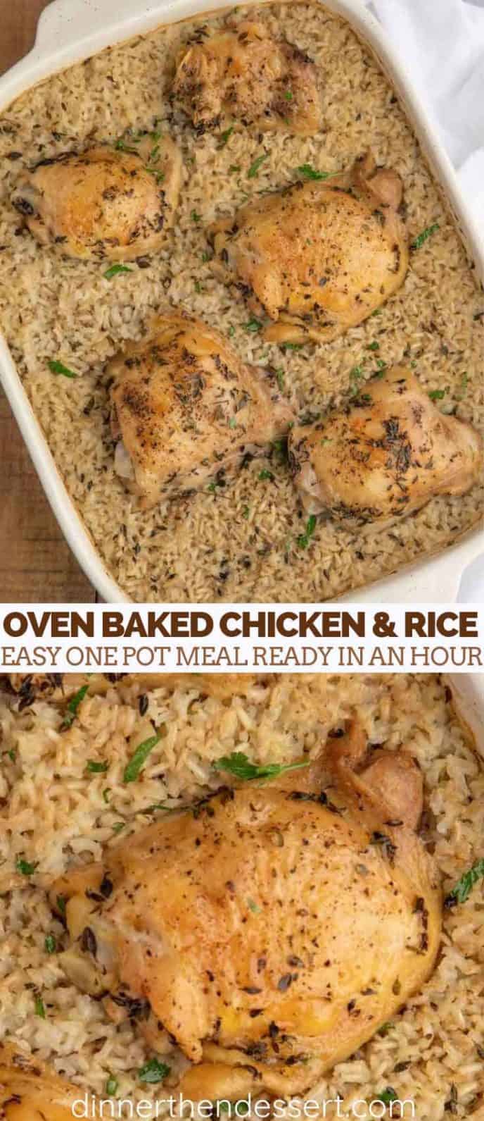 Oven baked chicken and rice in pan