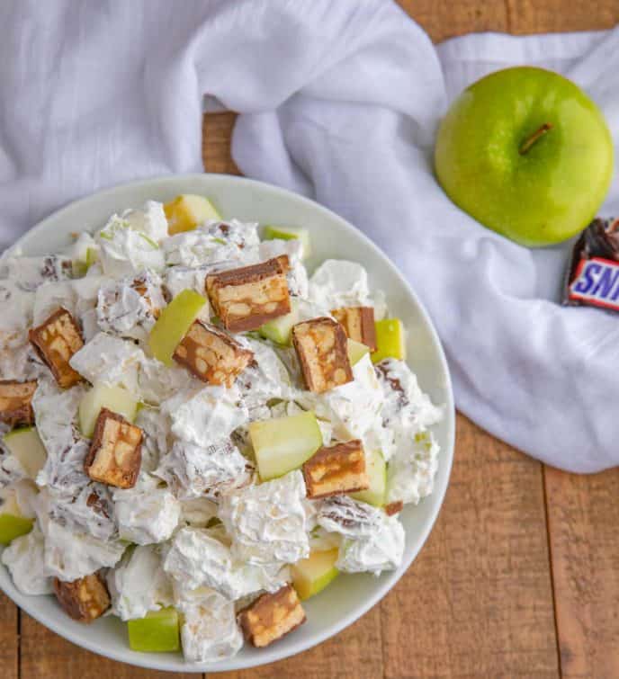 Snickers Apple Salad Recipe in white bowl from top down