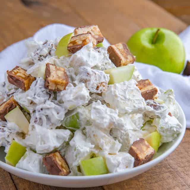 Apple Snickers Salad in a white bowl