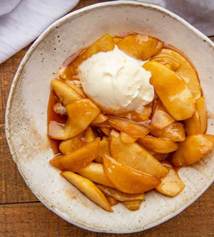 Southern Fried Apples in bowl with Vanilla Ice Cream
