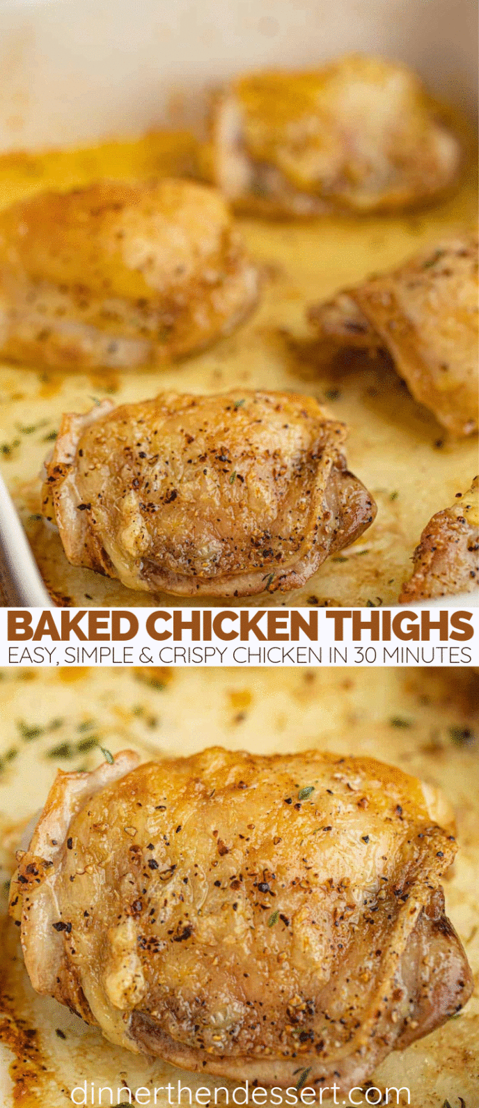Two photos of baked crispy chicken thighs in a collage