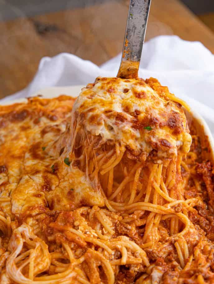 Spoonful of Beef and Cheese Baked Spaghetti