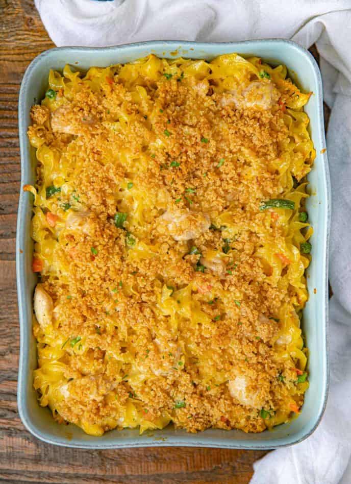 Chicken Noodle Casserole with Ritz Cracker Topping in baking dish
