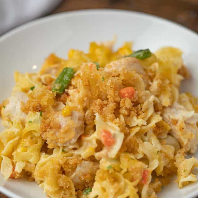 Chicken Noodle Casserole spooned onto a plate