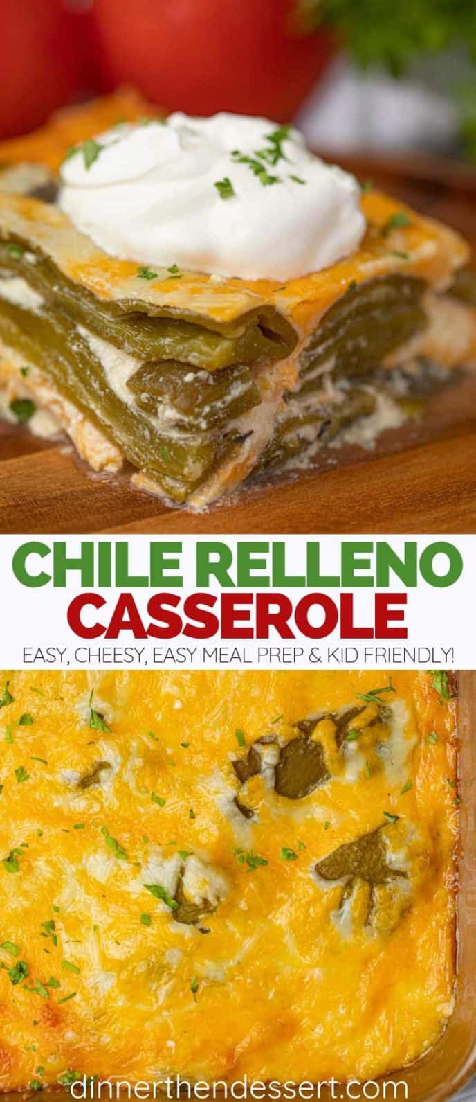 Collage Photos of Chile Relleno Casserole Slice and Pan