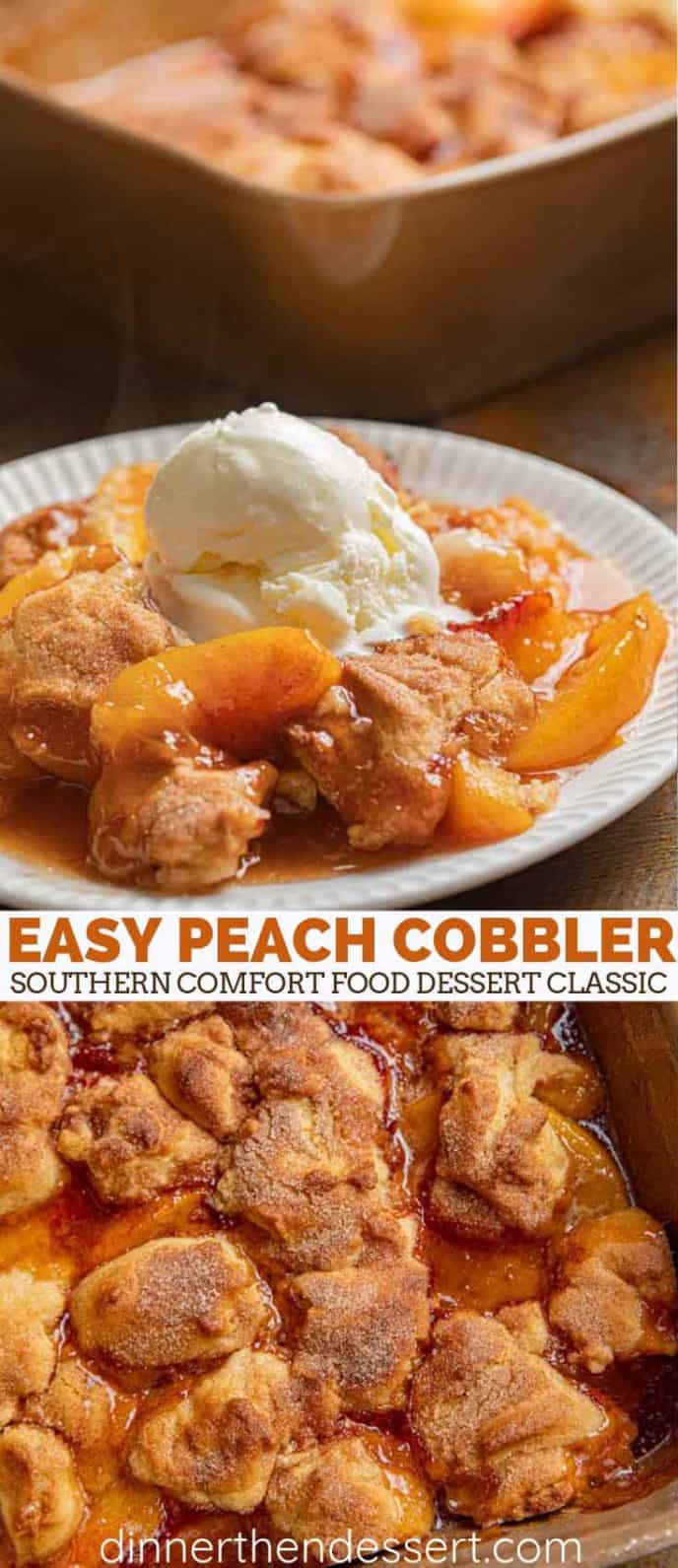 Southern peach cobbler in a pan and on a white plate.