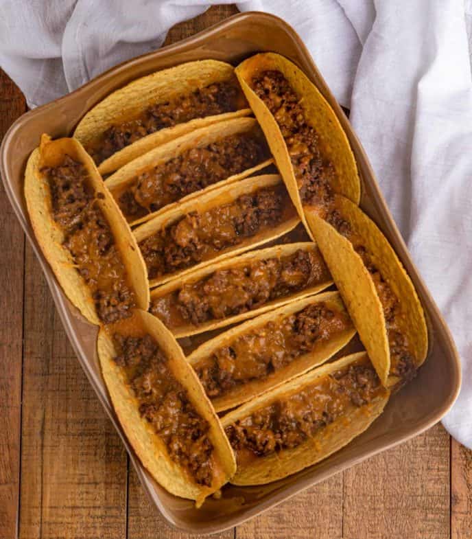 Easy Beef Tacos in Baking Dish with cheese