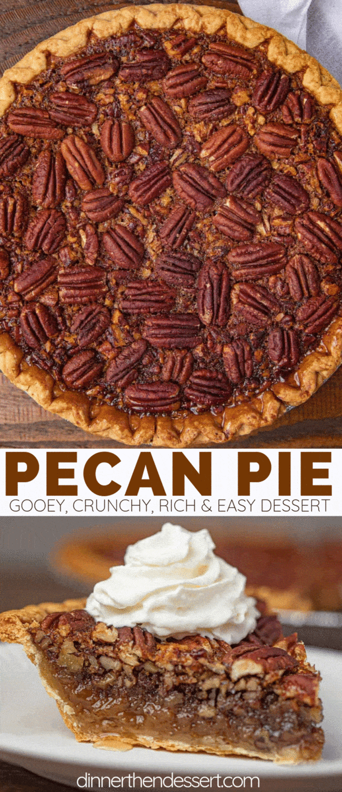 Pecan pie in a pan and pecan pie sliced with whipped cream