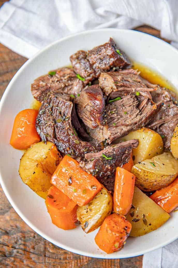 Shredded Pot Roast with Potatoes and Carrots in bowl