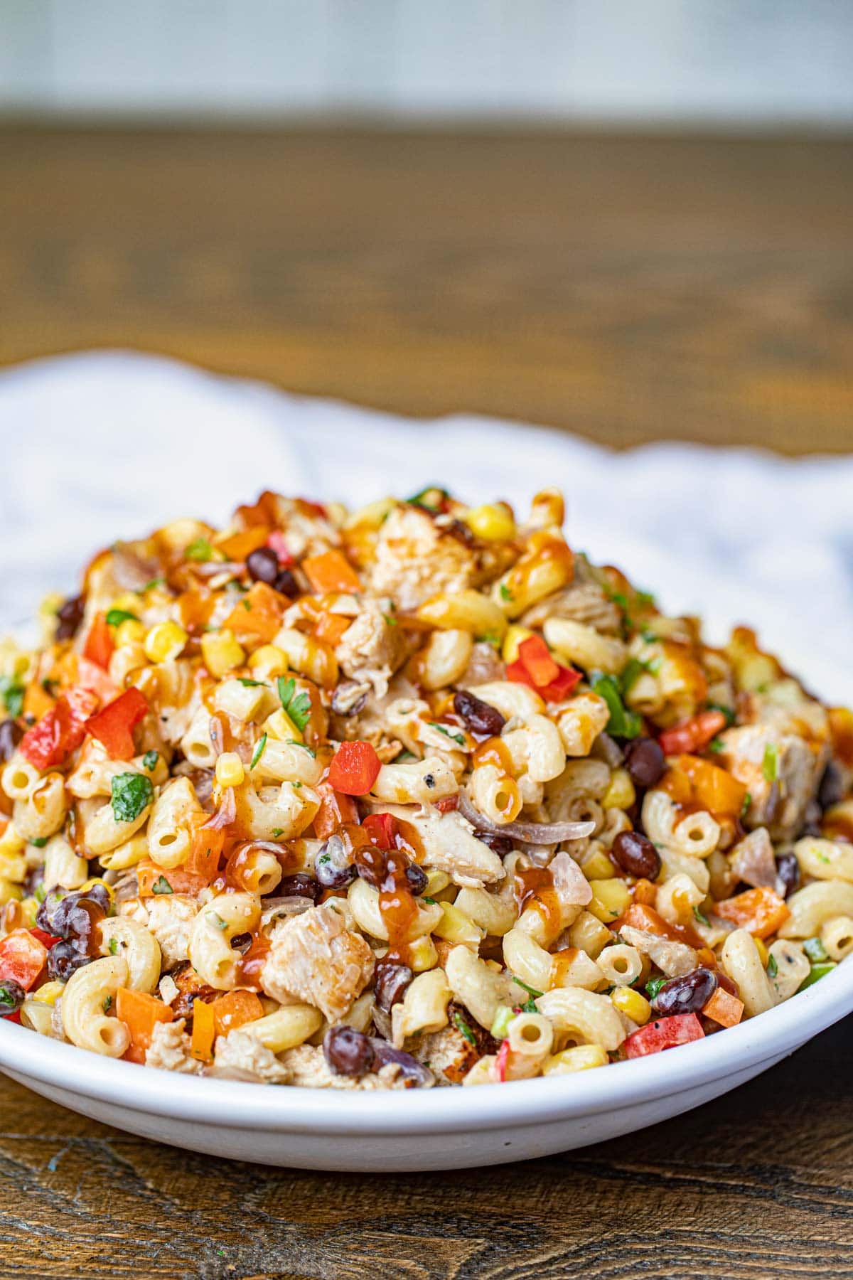 Bowl of Pasta Salad with Chicken, Corn and Beans