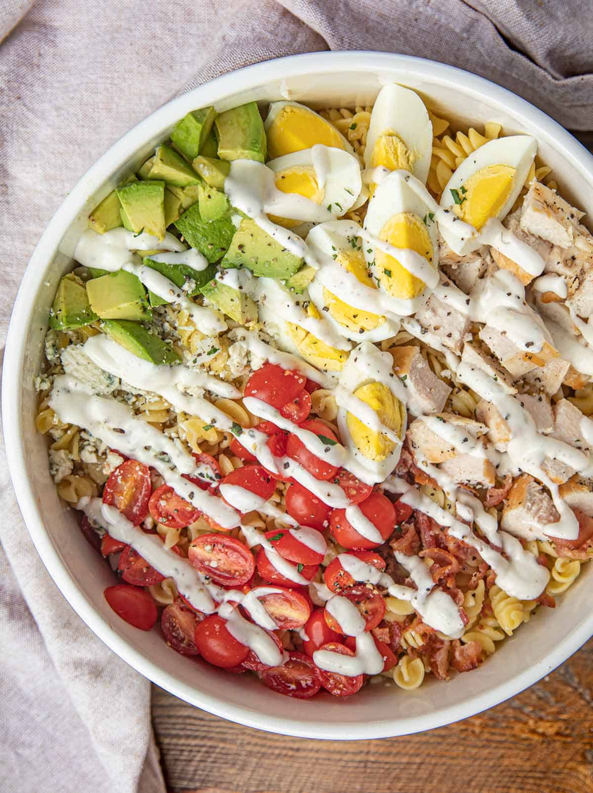 Cobb Pasta Salad with Ranch Dressing in bowl