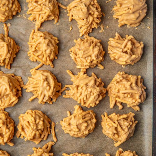 Peanut Butter Butterscotch Haystack Cookies on baking sheet