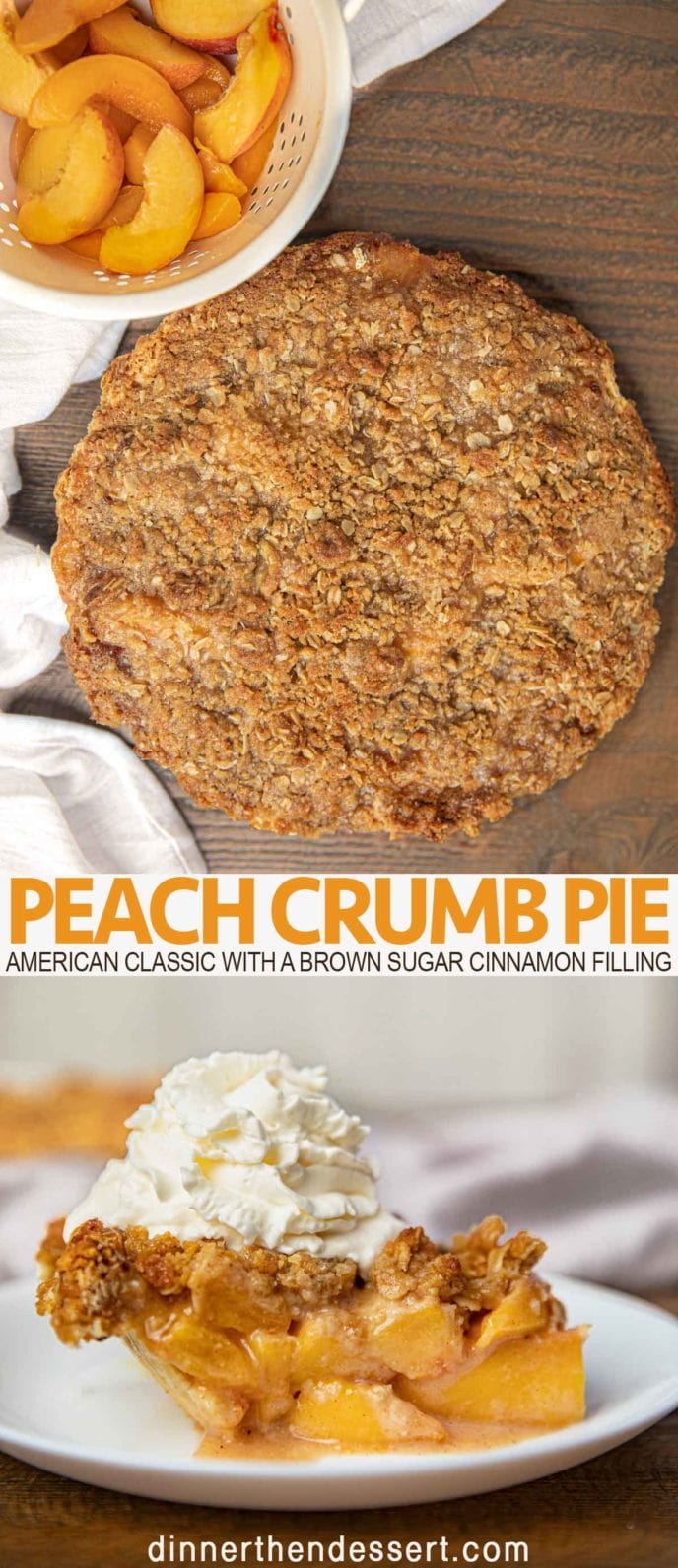 Peach crumb pie from above and sliced