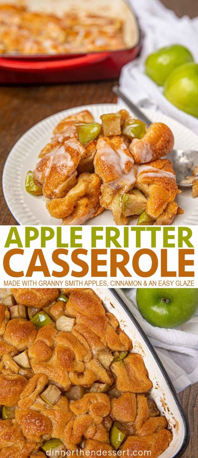 Apple Fritter Casserole on a plate and in a pan