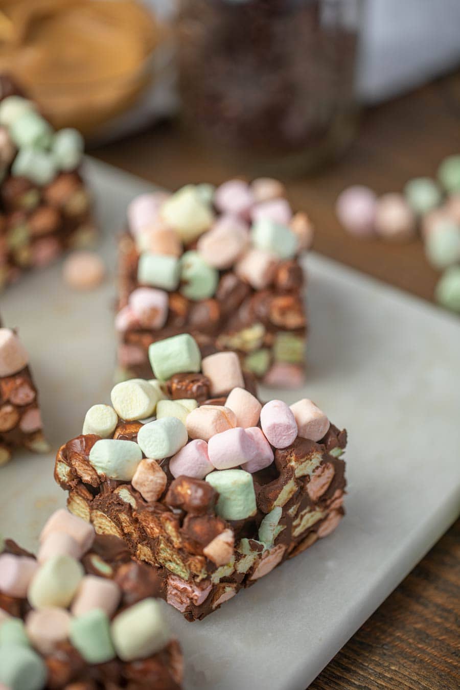 Chocolate Confetti Squares on a marble board