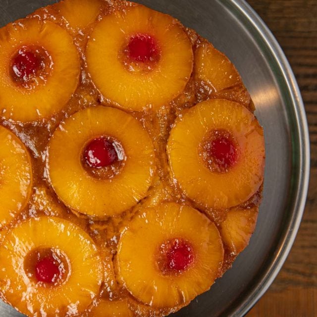 Top down view of pineapple upside down cake