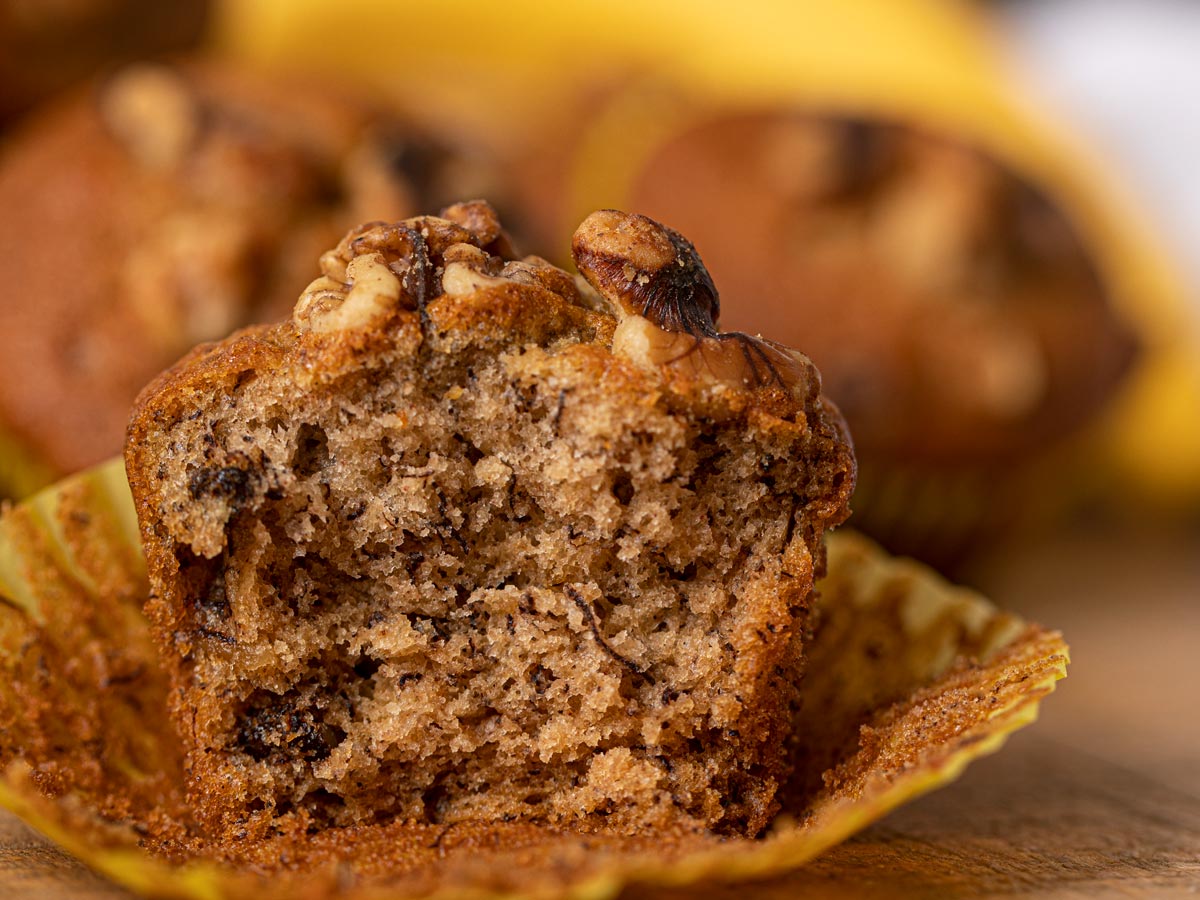 Banana Bread in muffin form with walnuts on top