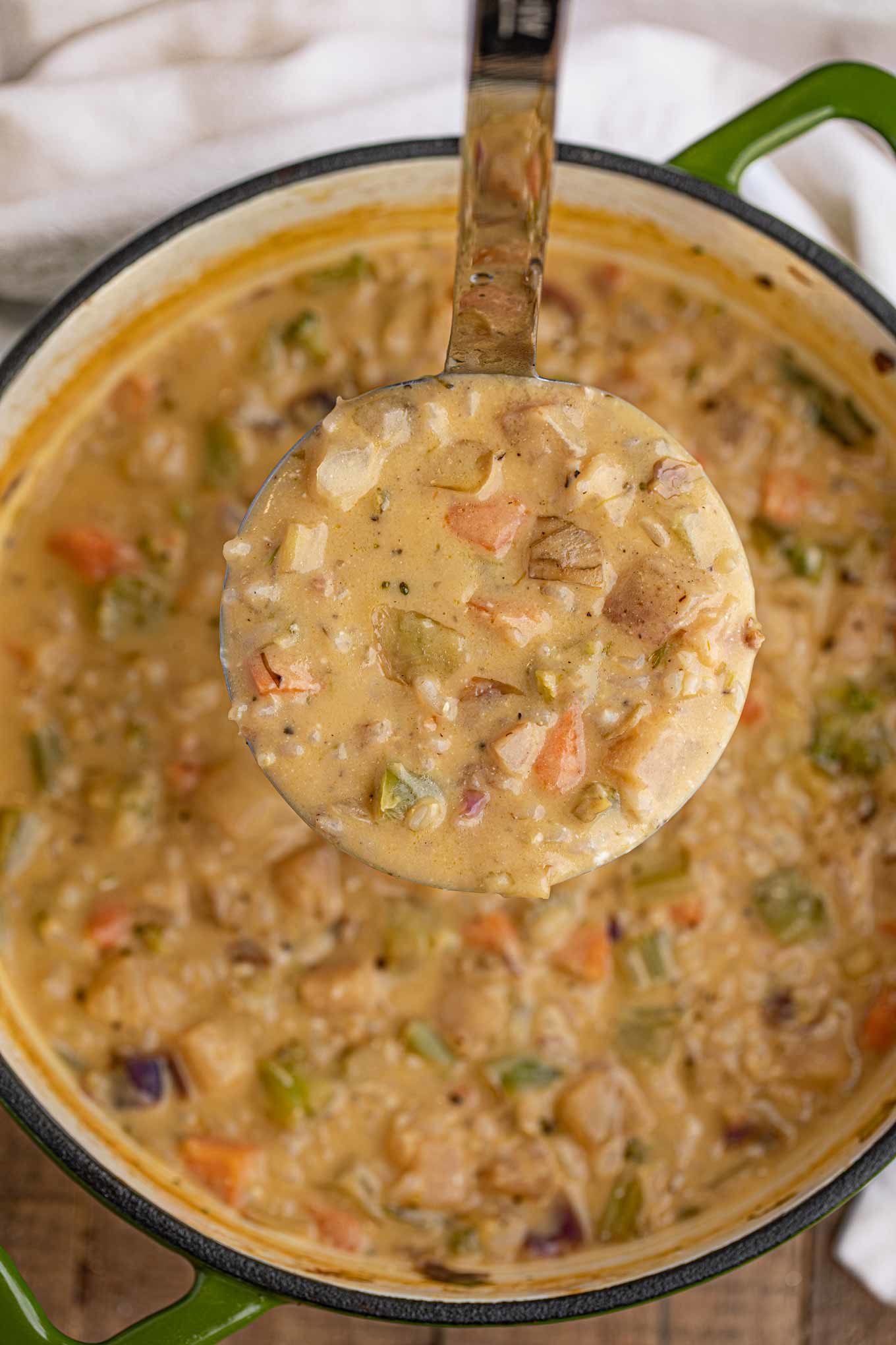 Creamy Vegetable and Rice Soup in a ladle