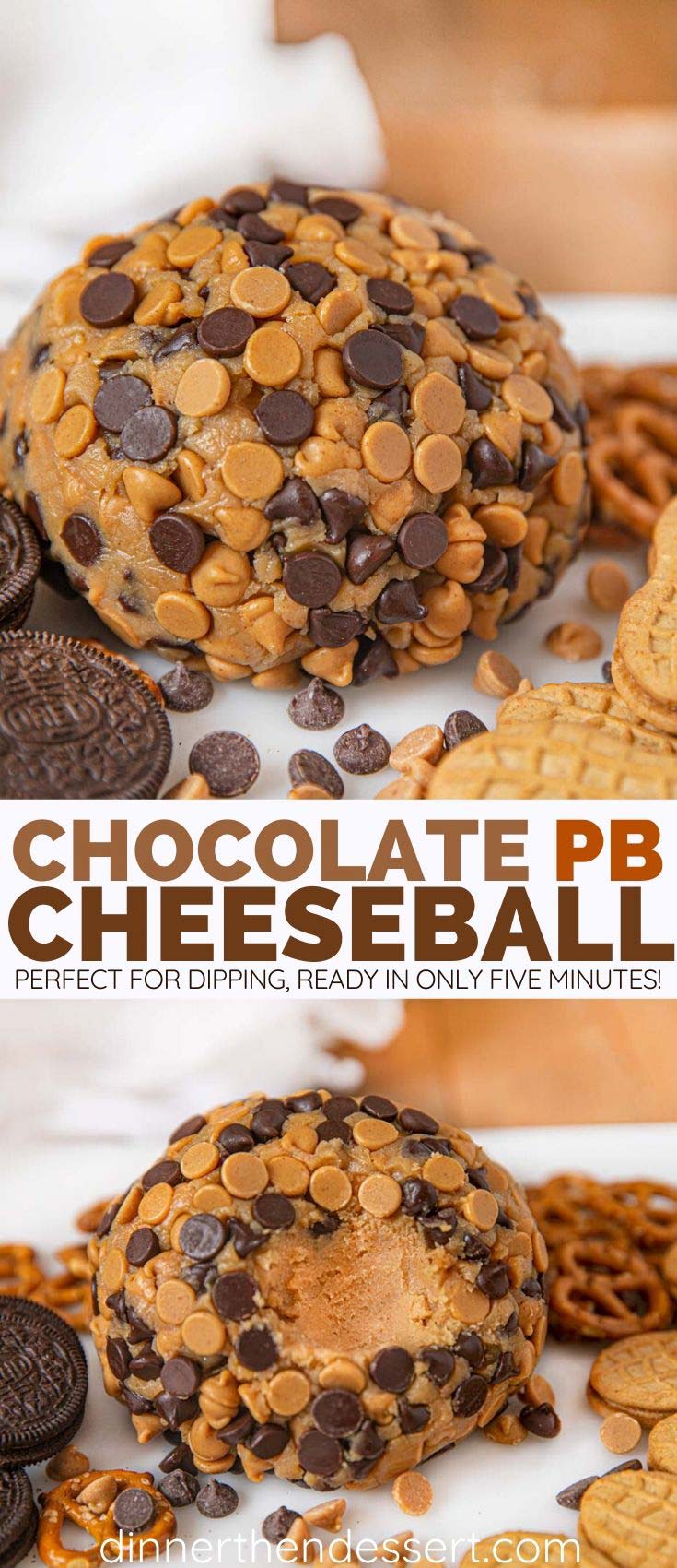 Collage of Peanut Butter Cheeseball with Chocolate Chips