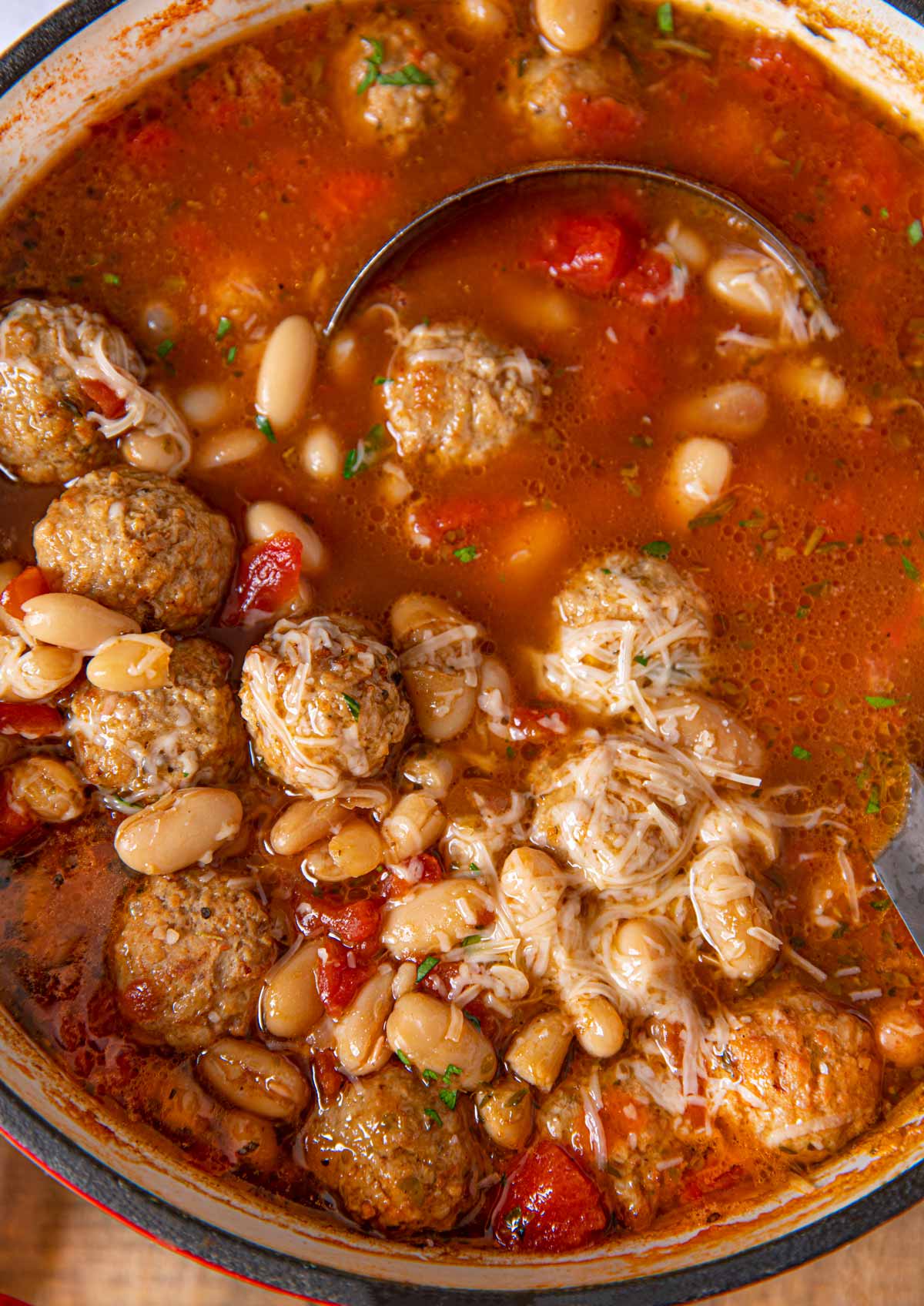 Italian Meatball Soup with ladle